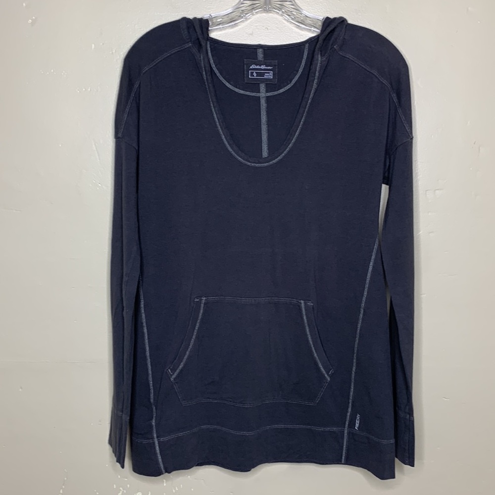 EDDIE BAUER Top Gray FREEDRY Jersey Knit Kangaroo Pocket Scoop Neck Hoodie Small